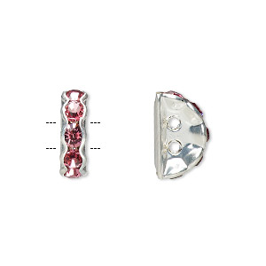 Spacer, glass rhinestone and silver-plated brass, rose, 12x4mm 2-strand half-round bridge, fits up to 3.5mm bead. Sold per pkg of 10.