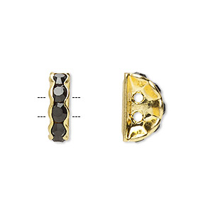 Spacer, glass rhinestone and gold-finished brass, black, 12x4mm 2-strand half-round bridge, fits up to 3.5mm bead. Sold per pkg of 10.