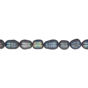 Pearl, cultured freshwater (dyed), iris green, 5mm rice, C grade, Mohs hardness 2-1/2 to 4. Sold per 15-inch strand.