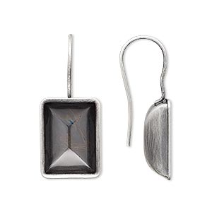 Ear wire, Almost Instant Jewelry&reg;, antique silver-plated brass, 30x13mm fishhook with 14x10mm step-cut rectangle setting, 20 gauge. Sold per pkg of 2 pairs.