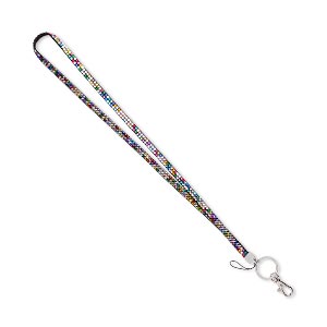 Lanyard, faux suede / acrylic rhinestone / silver- / nickel-plated &quot;pewter&quot; (zinc-based alloy), multicolored, 8mm wide, 34 inches with lobster claw clasp. Sold individually.