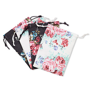 Pouch, cotton and satin, black / white / multicolored, 4-3/4 x 3-3/4 inch rectangle with leaf and rose pattern with drawstring. Sold per pkg of 4.