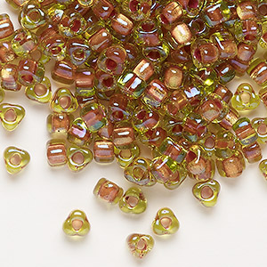 Seed bead, Miyuki, glass, transparent lime color-lined copper, (TR1818), #5 triangle. Sold per 25-gram pkg.