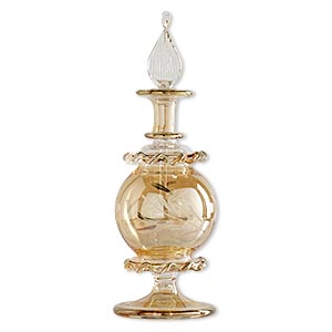 Perfume bottle, handblown glass, translucent champagne and gold, 5-1/2 x 1-3/4 inches with assorted design and twisted rim with twisted leaf stopper. Sold individually.