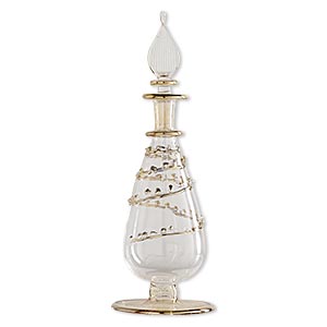 Perfume bottle, handblown glass, translucent clear and gold, 6x1-3/4 inch teardrop with spiral and dots design with twisted leaf stopper. Sold individually.