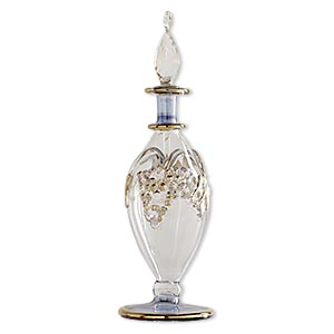 Perfume bottle, handblown glass, translucent clear / gold / iridescent blue, 6x1-3/4 inches with grapes design and twisted leaf stopper. Sold individually.