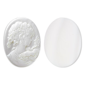 Cabochon, mother-of-pearl shell (natural), 40x30mm calibrated carved oval cameo with woman, Mohs hardness 3-1/2. Sold individually.