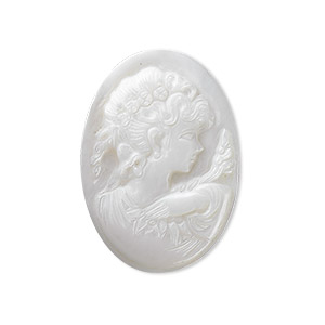 Cabochon, mother-of-pearl shell (natural), 30x22mm calibrated carved oval cameo with woman, Mohs hardness 3-1/2. Sold individually.