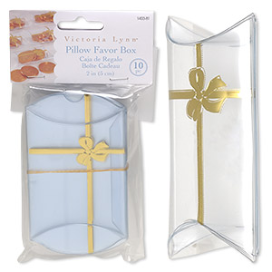 Favor box, Victoria Lynn&#153;, plastic, clear and gold, 3-1/2 x 2-1/2 x 1 inch assembled pillow with bow. Sold per pkg of 10.
