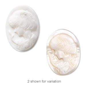 Cabochon, mother-of-pearl shell (natural), 25x18mm calibrated carved oval cameo with left-facing woman, Mohs hardness 3-1/2. Sold individually.