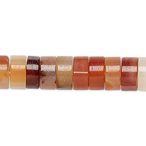 Bead, red agate (dyed / heated), white and red, 10x5mm heishi, B grade, Mohs hardness 6-1/2 to 7. Sold per pkg of 10.
