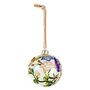 Ornament, glass / enamel / velveteen ribbon / gold-finished copper / brass / steel, clear and multicolored, 3-inch round with hummingbird / flower / leaf design. Sold individually.