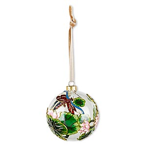 Ornament, glass / enamel / velveteen ribbon / gold-finished copper / brass  / steel, clear and multicolored with glitter, 3-inch round with flower and  leaf design. Sold individually. - Fire Mountain Gems and Beads