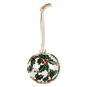 Ornament, glass / enamel / velveteen ribbon / gold-finished copper / brass / steel, clear and multicolored, 3-inch round with holly design. Sold individually.