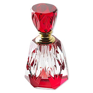 Perfume bottle, glass and gold-finished &quot;pewter&quot; (zinc-based alloy), clear and red, 4 x 2-1/2 x 2-1/2 inches with dauber and threaded stopper. Sold individually.