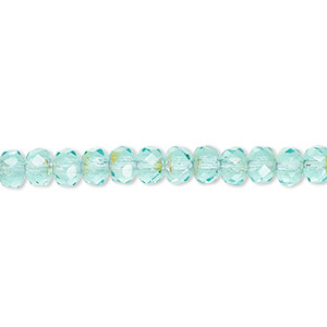 Bead, Czech fire-polished glass, light aqua AB, 5x4mm faceted rondelle. Sold per 15-1/2&quot; to 16&quot; strand.