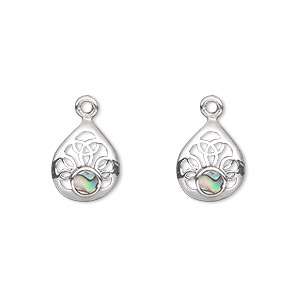 Drop, sterling silver and abalone shell (natural), 12x10mm filigree teardrop. Sold per pkg of 2.