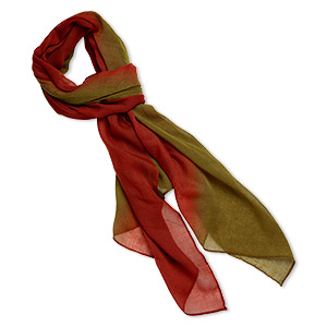 Scarf, polyester, olive green and red, 60x24-inch rectangle. Sold individually.