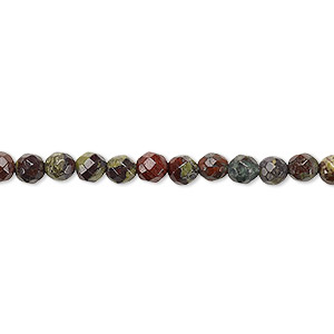 Bead, dragon blood jasper (natural), 4mm faceted round, B grade, Mohs hardness 6-1/2 to 7. Sold per 8-inch strand, approximately 45 beads.