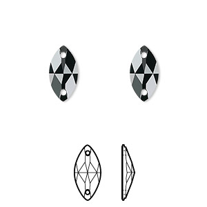 Sew-on component, Crystal Passions&reg;, jet, foil back, 12x6mm faceted navette flat back with 2 holes (3223). Sold per pkg of 2.