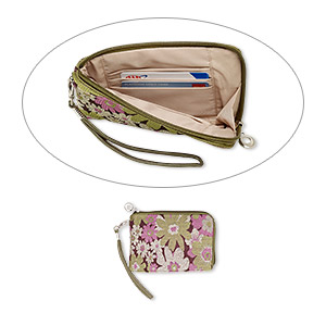 Wallet, silk damask with silver-plated steel and &quot;pewter&quot; (zinc-based alloy), brown / green / purple, 6-1/2 x 4-1/4 inch rectangle wristlet with flower design. Sold individually.