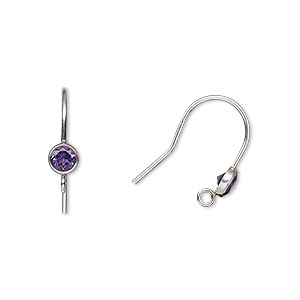 Ear wire, amethyst (natural) and sterling silver, 15mm fishhook with 4mm faceted round and open loop, 20 gauge. Sold per pair.