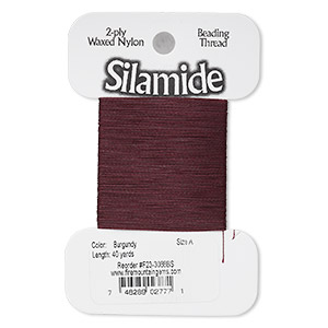 Thread, Silamide, 2-ply waxed nylon, burgundy, size A, 4-pound test. Sold per 40-yard card.