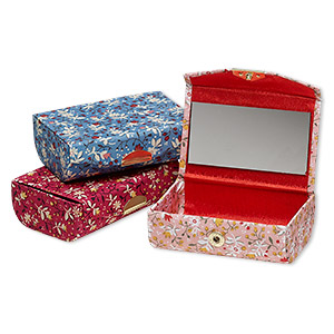 Box, cotton / glass / gold-finished steel, multicolored, 3-3/8 x 2-1/4 inch rectangle with flower design and 3x1-1/2 inch mirror with snap closure. Sold per pkg of 3.