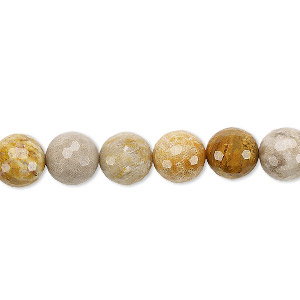 Bead, Indonesian fossil coral (natural), 8mm faceted round, B grade, Mohs hardness 6-1/2 to 7. Sold per 8-inch strand, approximately 20 beads.