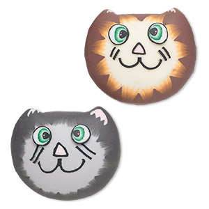Magnet, polymer clay and plastic, assorted multicolored, 30x26mm cat face. Sold per pkg of 2.