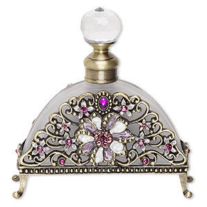 Perfume bottle, glass / frosted glass / enamel / antique brass finished &quot;pewter&quot; (zinc-based alloy), multicolored, 3-1/2 x 3 inches with flower, metal dauber and threaded stopper. Sold individually.