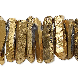 Bead, quartz crystal (coated), gold, 25x4mm-35x10mm hand-cut top ...