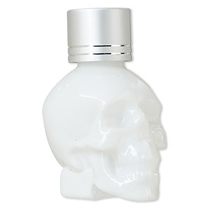Bottle, plastic and coated glass, opaque white and silver, 2-1/2 x 1-3/4 x 1-1/4 inch skull with threaded cap. Sold individually.