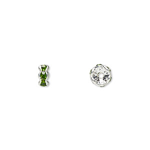 Bead, glass rhinestone and silver-plated brass, peridot green, 5x2mm rondelle. Sold per pkg of 10.