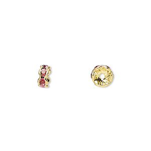 Bead, glass rhinestone and gold-finished brass, rose, 5x2mm rondelle. Sold per pkg of 10.