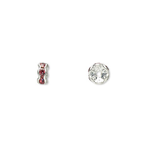 Bead, glass rhinestone and silver-plated brass, rose, 5x2mm rondelle. Sold per pkg of 10.