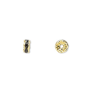 Bead, glass rhinestone and gold-finished brass, black, 5x2mm rondelle. Sold per pkg of 10.