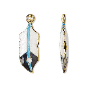 Focal, cloisonn&#233;, enamel and gold-finished brass, white / blue / dark blue, 31x11mm double-sided curved feather. Sold per pkg of 2.