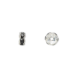 Bead, glass rhinestone and silver-plated brass, black, 6x3mm rondelle. Sold per pkg of 10.