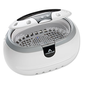 Ultrasonic jewelry cleaner, stainless steel and plastic, white, 8-1/2 x 5-1/2 x 5-1/5 inches. Sold individually.