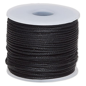 Cord, waxed cotton, black, 1mm, 20-pound test. Sold per 25-meter spool.
