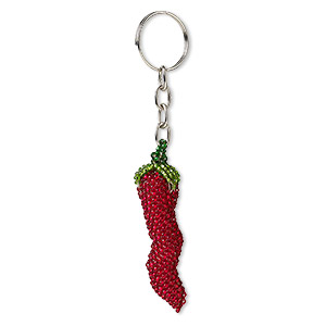 Keychain, nylon / glass / stainless steel, red and green, 65x17x15mm chili pepper, 4-1/4 inches with split ring. Sold individually.