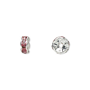 Bead, glass rhinestone and silver-plated brass, rose, 7x3.5mm rondelle. Sold per pkg of 10.