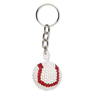 Keychain, glass and steel, red and white, 3-1/4 inches with 26.5mm 3D baseball and 22mm split ring. Sold individually.