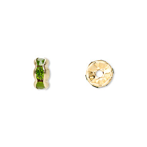 Bead, glass rhinestone and gold-finished brass, peridot green, 8x4mm rondelle. Sold per pkg of 10.