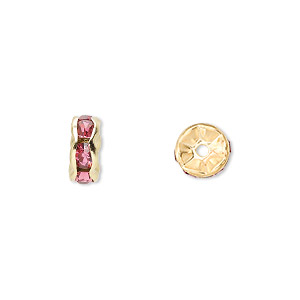 Bead, glass rhinestone and gold-finished brass, rose, 8x4mm rondelle. Sold per pkg of 10.