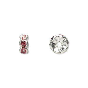 Bead, glass rhinestone and silver-plated brass, rose, 8x4mm rondelle. Sold per pkg of 10.