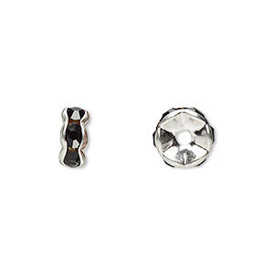 Bead, glass rhinestone and silver-plated brass, black, 8x4mm rondelle. Sold per pkg of 10.
