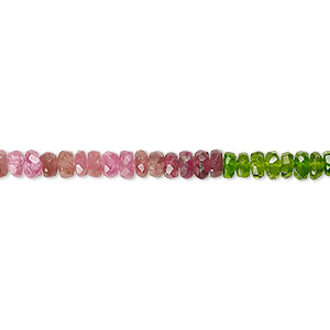 Bead, green tourmaline and pink tourmaline (natural), 3x1mm-4x3mm hand-cut graduated faceted rondelle, B+ grade, Mohs hardness 7 to 7-1/2. Sold per 15-1/2&quot; to 16&quot; strand.