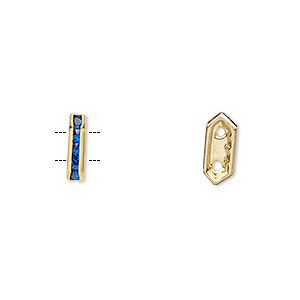 Spacer, glass rhinestone and gold-finished brass, blue, 11x2.5mm 2-strand bridge, fits up to 4.5mm bead. Sold per pkg of 10.